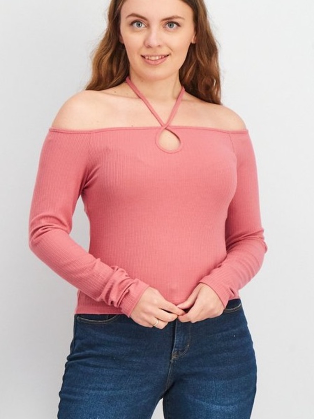 NWT Aqua Bloomingdale's Exclusive Mauve Pink Long Sleeve Cropped Shirt, Large - Picture 2 of 7